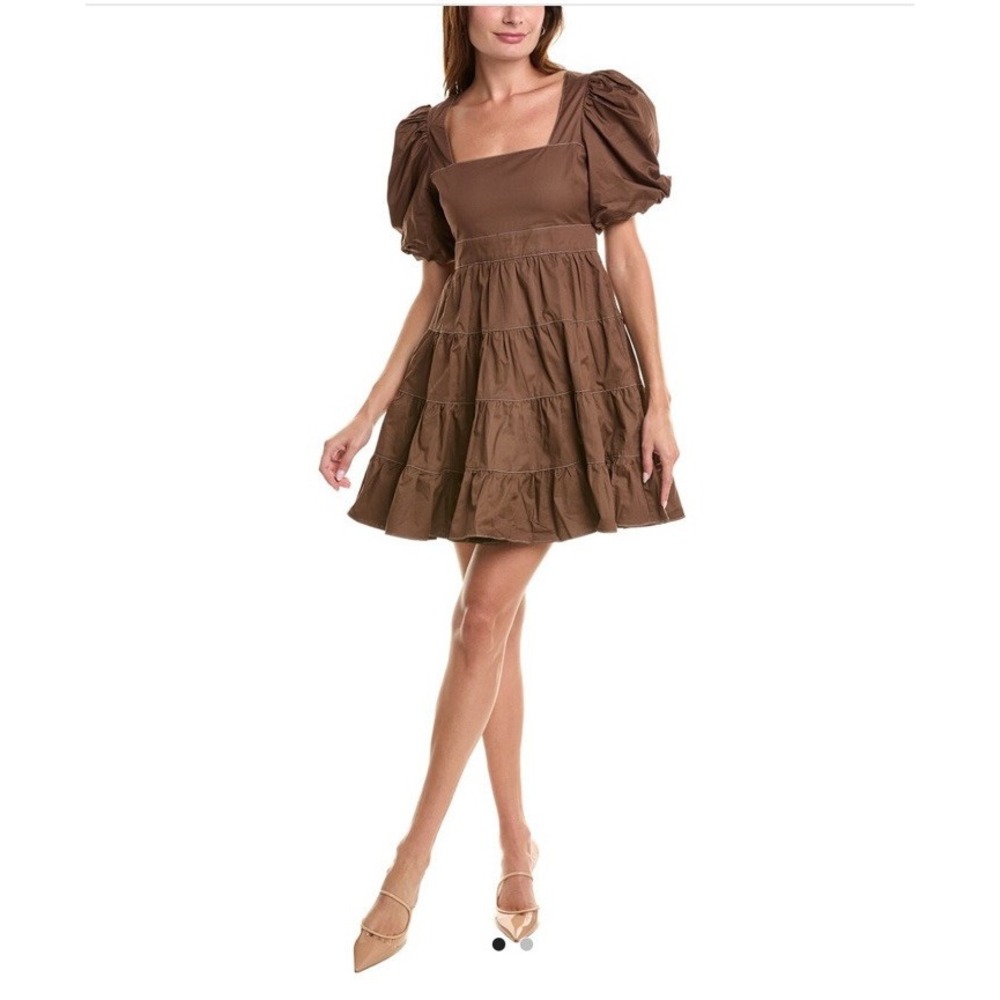 En Saison Meline Poplin Babydoll Dress Brown Puff Sleeves Pockets Small NWT
